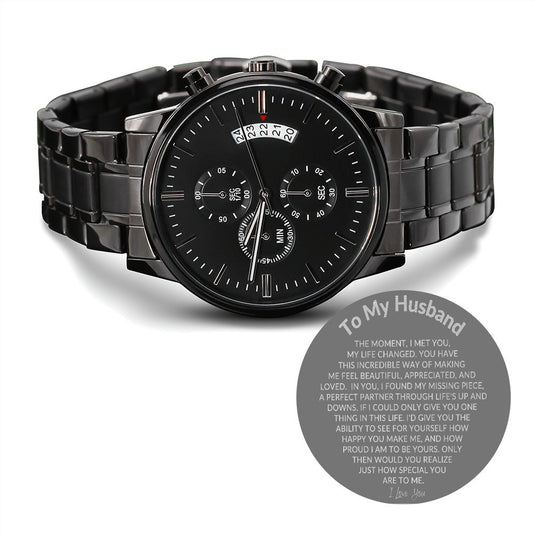To My Husband-Engraved Design Black Chronograph Watch